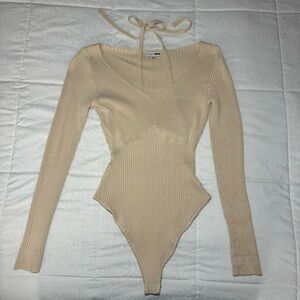 Fashion Nova Ribbed Long Sleeve Bodysuit - Beige